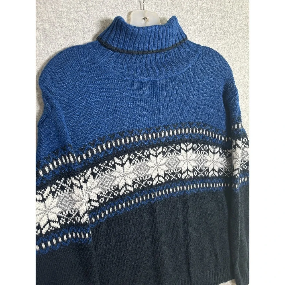 Vintage Carolyn Taylor Sweater XL Fair Isle Blue White Long Sleeve Turtleneck